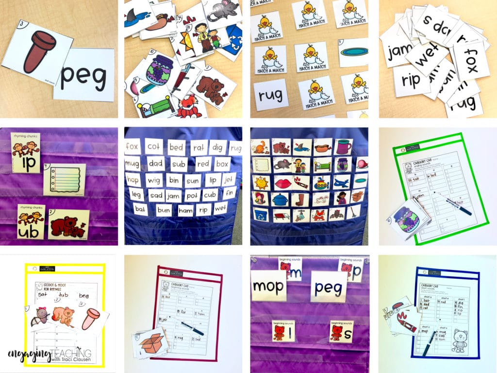 Samples of word work activities. Cards, wipe off sleeves and pocket charts